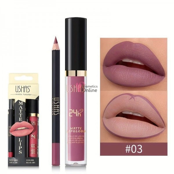 Gloss pentru buze USHAS Gloss Matt 24H cu 1 Creion pentru contur - UH03 Lady Pink
